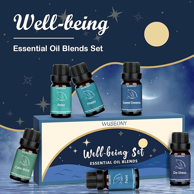 Well-Being Essential Blends Oils Set, Aromatherapy Oils Gift Set for Diffusers Home, Fragrance Oil Scent for Candle Soap Making - Happy, Calm Mind, De-Stress, Relax, Focus, Sweet Dreams-Ruum Studio Home