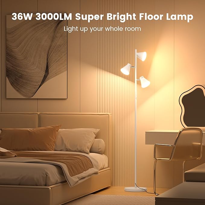 36W LED Tree Floor Lamp, Dimmable Tall Standing Lamp with Remote & Touch Control, 4 Color Temperatures Bright Floor Lamp, 3 Rotatable Light Modern Floor Lamps (White)-Ruum Studio Home