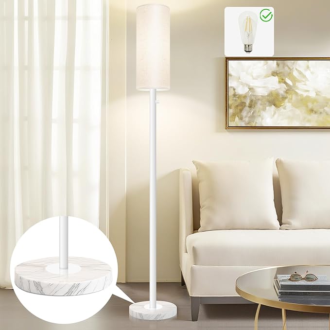 Floor Lamp for Living Room,Dimmable Floor Lamp with LED Bulb,Modern Standing Lamp with Marble Base,Tall Standing Lamps for Living Room,Bedroom,Office,Reading and Nursery(White)-Ruum Studio Home