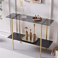 Glass Console Table for Living Room, Foyer & Entrance, 2-Tiers Mid-Century Modern Sofa Table with Grey Glass Top, Black Marble Finish Wood Shelf and Gold Finish Frame-Ruum Studio Home