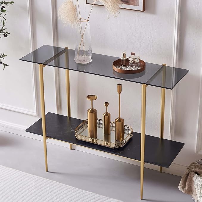 Glass Console Table for Living Room, Foyer & Entrance, 2-Tiers Mid-Century Modern Sofa Table with Grey Glass Top, Black Marble Finish Wood Shelf and Gold Finish Frame-Ruum Studio Home
