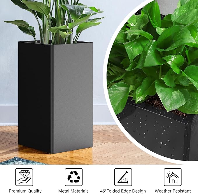 Tall Planters 26 Inch Square Metal Plant Pot with Removable Insert Shelf and Drainage-Modern Tall Black Planters for Indoor & Outdoor-Front Porch,Patio,Garden (14" L X 26" H)-Ruum Studio Home