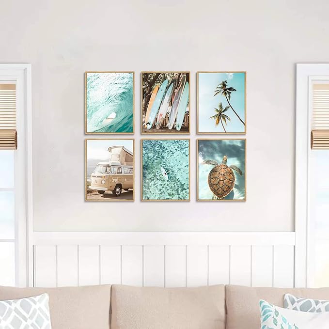 Laywhq Coastal Beach Wall Art Summer Ocean Surf Tropical Canvas Wall Decor Summer Nautical Palm Tree Turtle Surfboard Bus Room Paintings Prints Posters for Bedroom Living Room Set of 6 8x10in Unframed-Ruum Studio Home
