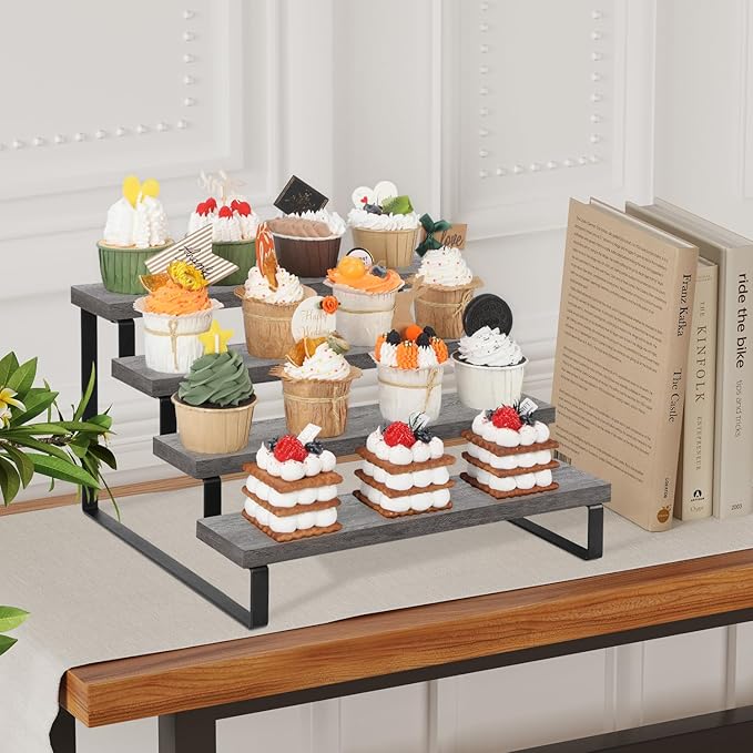 YINMIT Wooden Display Riser Stand, Tiered Perfume and Cologne Organizer Stand, 4 Tier Spice Rack Organizer, Rustic Display Shelf for Candles (4 Tier,Grey)-Ruum Studio Home