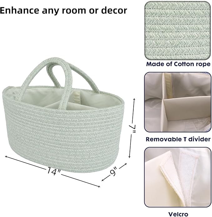 Diaper Caddy Organizer Cotton Rope Baby Basket Nursery Storage and Portable Tote Bag for Car Ideal Baby Shower Gifts and Registry Must-Have for Newborn Essentials light green-Ruum Studio Home