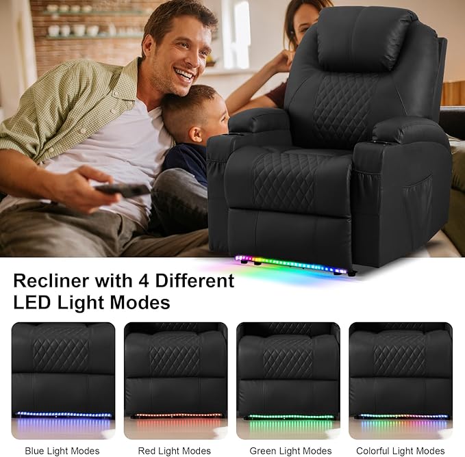 AHMED Power Recliner Chair with Vibration Massage & Heat for Adults, Faux Leather Home Theater Seating with Cup Holders/LED Lights/USB Ports/Side Pockets for Living Room, Black-Ruum Studio Home