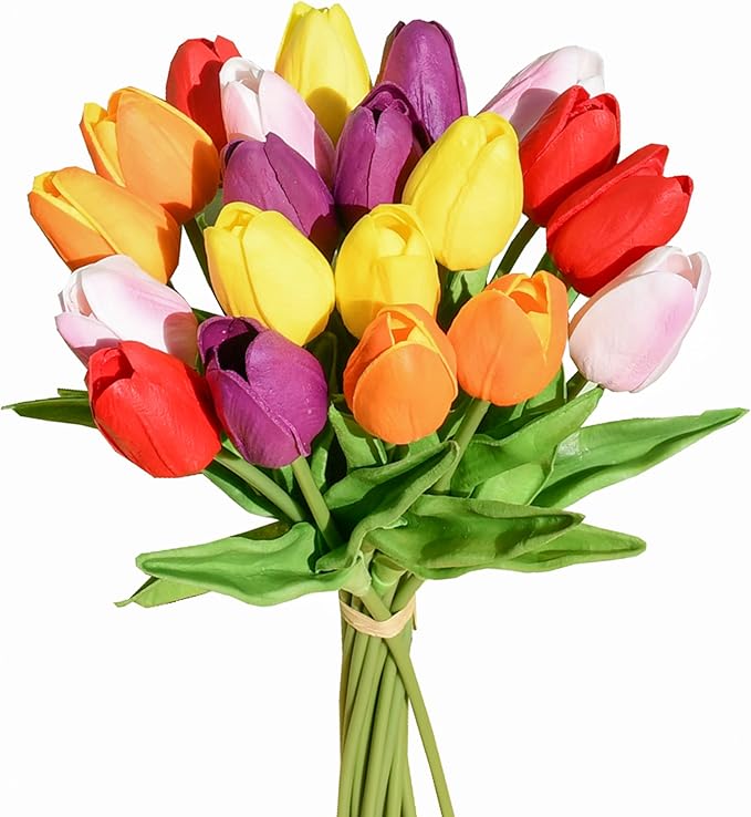 Mandy's Artificial Tulips 20 Stems Multicolor PU Faux Flowers for Wedding Home Decor 13.5 Inch-Ruum Studio Home
