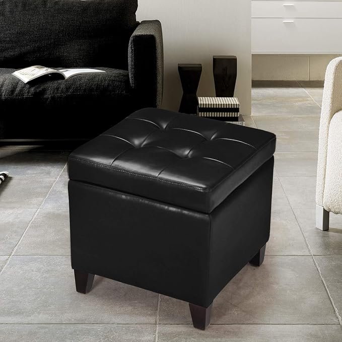 Adeco Storage Ottoman Foot Rest Stool, Leather Ottoman Footstool with Wood Legs and Hinged Lid, 18" Small Foot Stool Bench for Living Room, Bedroom, Black-Ruum Studio Home