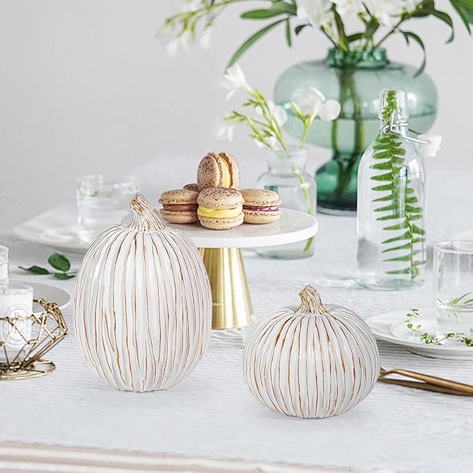 2Pcs Halloween Pumpkin Artificial Resin Pumpkins Decor for Mantel Harvest Autumn Tabletop Decoration Gold Fall Pumpkin Decorations Thanksgiving Table Centerpieces (Set B, ONE Size)-Ruum Studio Home