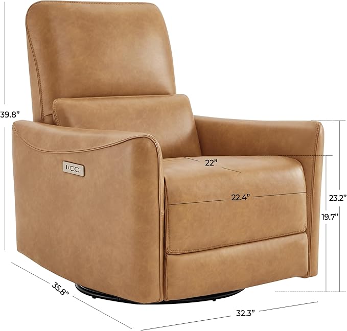 CHITA Power Recliner Chair Swivel Glider, FSC Certified Upholstered Faux Leather Living Room Nursery Reclining Sofa Chair with Lumbar Support, Cognac Brown-Ruum Studio Home
