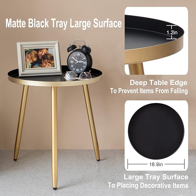 AOJEZOR Side Table: End Table for Any Room - Round Side Tables for Small Spaces - Black Top with 3 Gold Legged-Ruum Studio Home