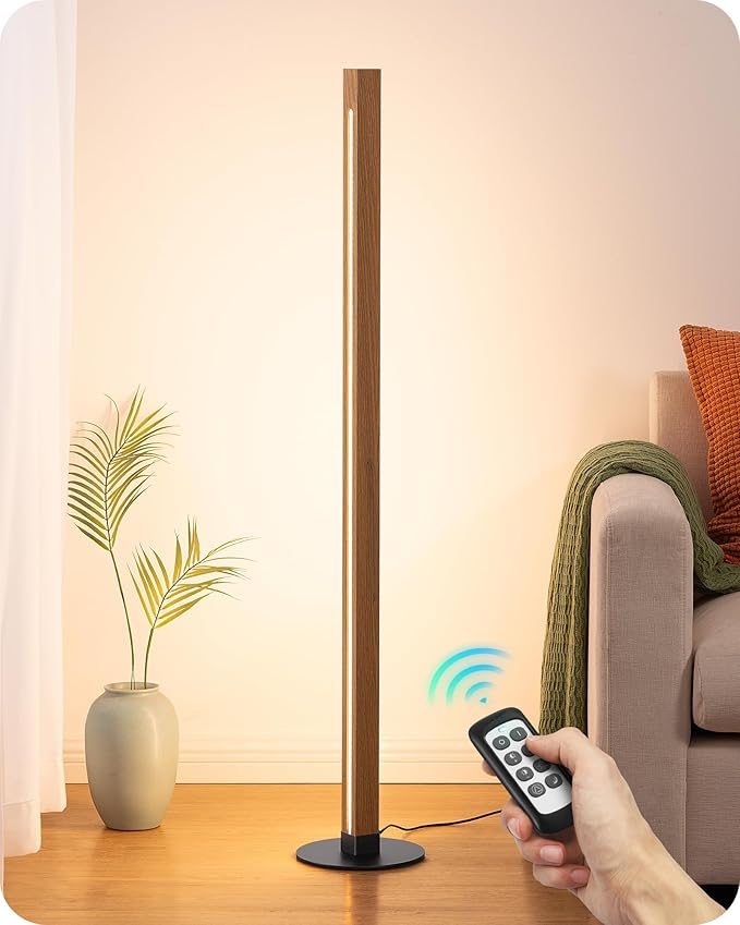 EDISHINE Wood Floor Lamp, Upgraded Dual-Sided Lighting, Minimalist Floor Lamps for Living Room, Corner Floor Lamp with Remote/Foot Control, 7CCT & Dimmable Corner Lamp for Bedroom, Office, Walnut Wood-Ruum Studio Home