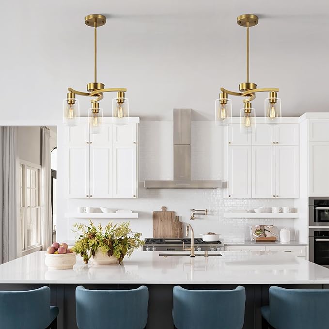 3-Light Gold Dining Room Chandeliers Over Table, Contemporary Kitchen Island Pendant Lighting, Industrial Hanging Light Fixture for Entryway Hallway Foyer Bedroom, Clear Glass Shade-Ruum Studio Home