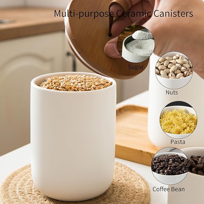 Ceramic Canister Set for Kitchen, 3pcs White Ceramic Kitchen Canisters for Countertop with Airtight Wood Lids, Large Flour and Sugar Containers for Coffee, Tea, Spice-Ruum Studio Home