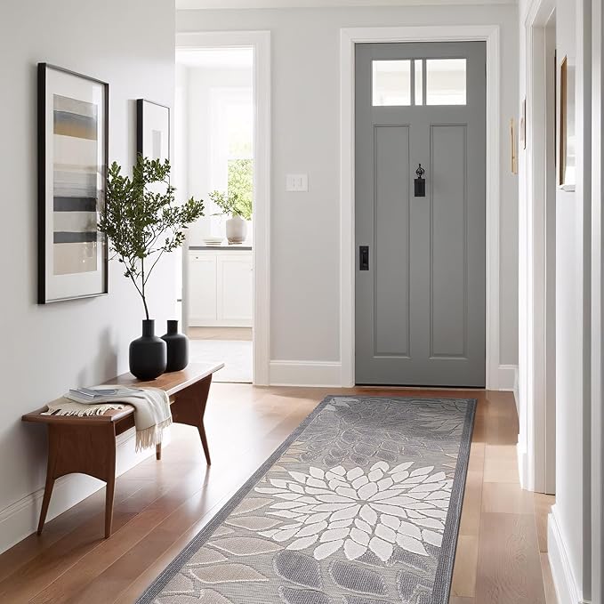 Beverly Rug Outdoor Runner Rug 2x7 Modern Floral Tropical Area Rugs for Indoor and Outdoor Patio Easy to Clean Non Shedding Living Room Porch Garden Washable Outside Carpet (2 x 7 Gray)-Ruum Studio Home