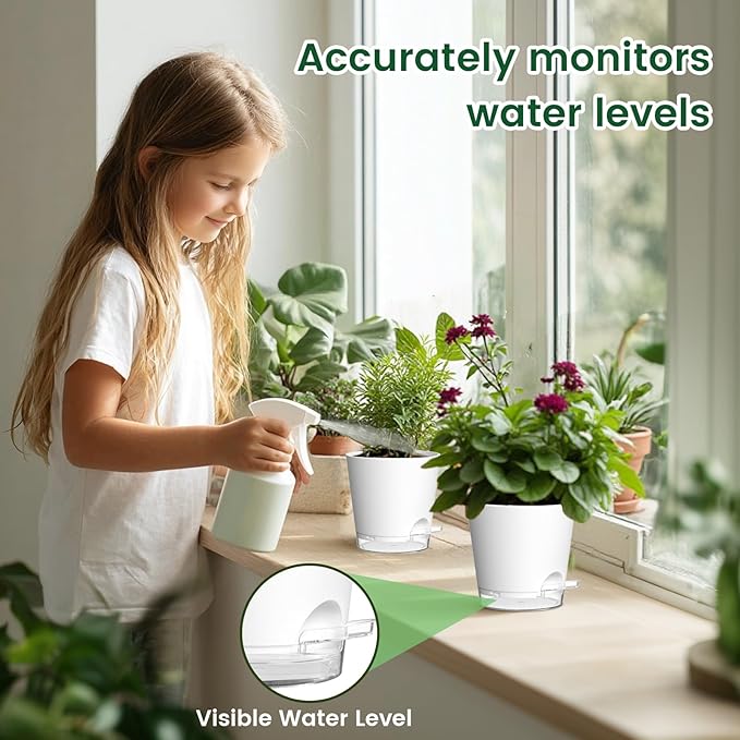 6 inch Self Watering Pots for Indoor Outdoor Plants, 6 Pack Flower Plant Pots with Drainage Holes and Clear Reservoirs, Visible Water Level, Plastic Planters with Wicking Rope, White-Ruum Studio Home
