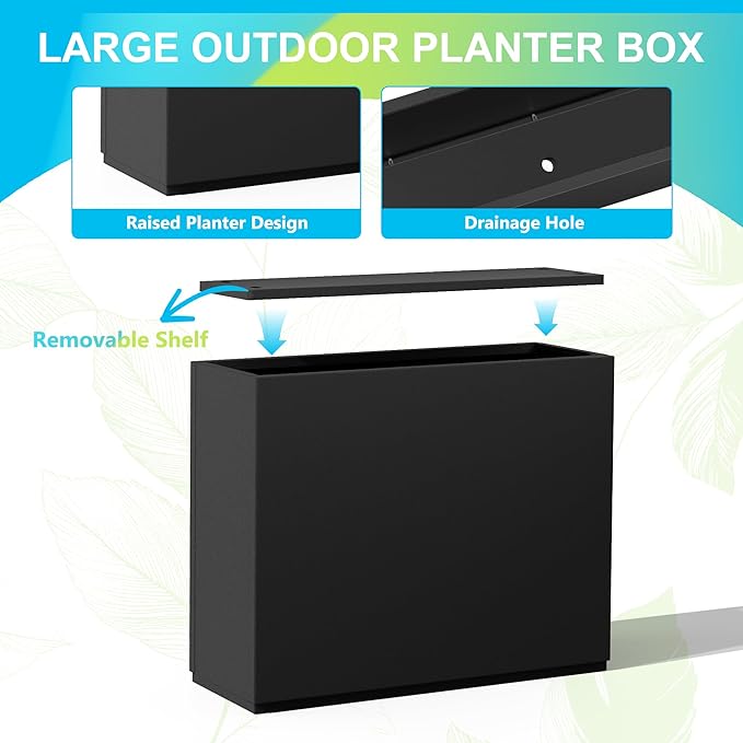 FENCY Metal Planter Box, Large Rectangular Planters for Outdoor Plants, Outdoor Tall Planters with Drainage Holes, Black Metal Planters (30" L x 12" W x 24" H)-Ruum Studio Home