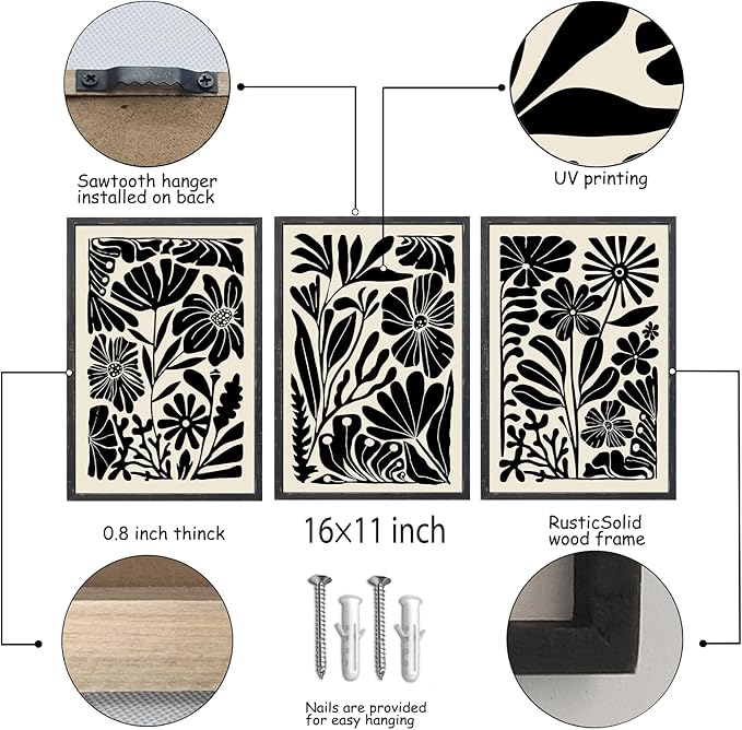 Abstract Floral Botanical Wall Art 16x11 Inch 3 Piece Black Vintage Boho Plant Flower Minimalist Wood Frame Sign Home Living Room Family Office Mid Century Print Wall Hanging Decor (Black)-Ruum Studio Home