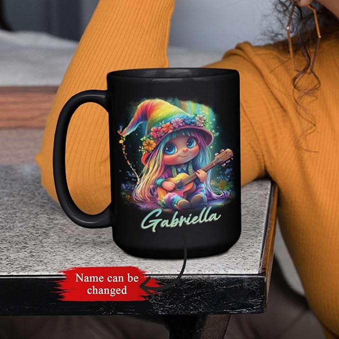 Customized Adorable Gnome With Guitar Mug 11oz 15oz, Personalized Name Coffee Cup, Gnome And Northern Lights Mug, Custom Whimsical Music Ceramic Cup, Gnome Black Mug Gift For Kids-Ruum Studio Home