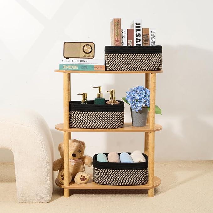 Small Storage Baskets for Organizing | Closet Organizer Bins | Shelf Toy Basket | Woven Rope Baskets | Cube Decorative Box | Shallow Basket | 13x8.5x5.1” | 4 Packs Black Brown-Ruum Studio Home