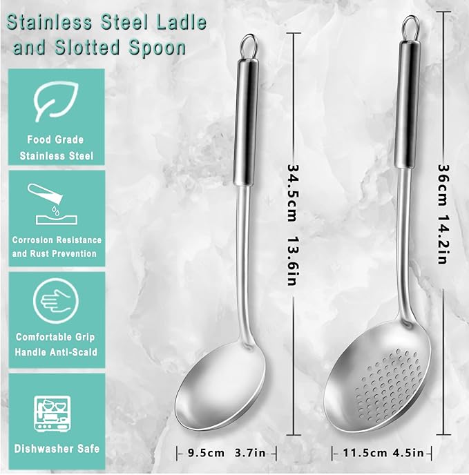 Pleafind 2-Pcs Ladle and Slotted Spoon, Soup Ladle and Strainer Spoons, Stainless Steel Cooking Spoon and Skimmer Spoons, Kitchen Utensils, Wok Utensils for Home and Restaurant, Dishwasher Safe-Ruum Studio Home