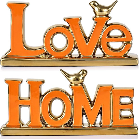 Love Sign Decoration - Orange & Gold Signs for Home Decor, Personalized Love Decor with Gold Bird Sculpture (2 Pcs)-Ruum Studio Home