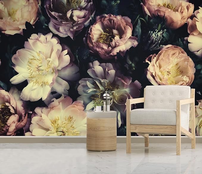 Dark Vintage Floral Wallpaper Large Peony Flowers Wall Mural Bedroom (Not Peel and Stick)-Ruum Studio Home