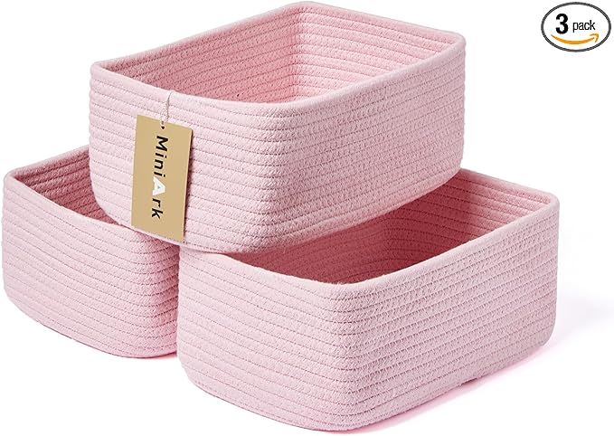 Small Storage Baskets for Organizing | Closet Organizer Bins | Shelf Toy Basket | Woven Rope Baskets | Cube Decorative Box | Shallow Basket | 11.5x7.5x4.7” | 3 Packs Pink-Ruum Studio Home