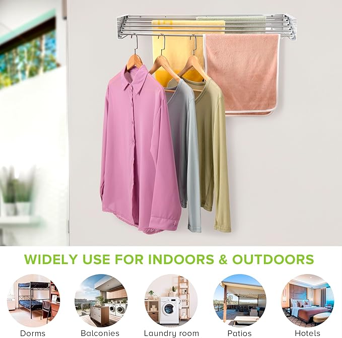 Wall Mounted Laundry Drying Rack, Retractable Clothes Drying Rack for Bathroom with Wall Template, 5 Stainless Rods Heaving 60 lb Capacity (White, 31.5")-Ruum Studio Home