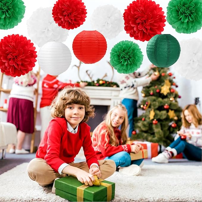 Red-Green White Party-Decorations Christmas Flowers Lanterns - 15PCS Italian Mexican Independence Day Paper Tissue Pom Poms Streamers,Mexico Italy Birthday Baby Shower Wedding Hanging Decor Hugfond-Ruum Studio Home