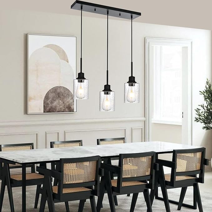 Modern 3-Light Pendant Island Light Fixture Black Ceiling Hanging Lights with Clear Seeded Glass and Adjustable Cord,Industrial Pendant Lighting for Kitchen Living Room Dining Room Foyer-Ruum Studio Home