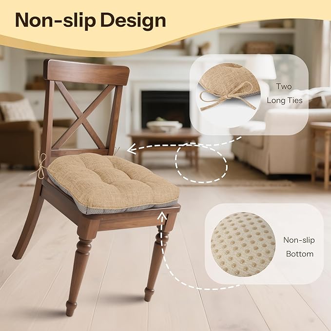 Non Slip Chair Cushions for Dining Chairs Set of 4 Kitchen Chair Cushions 18"x18"x3" Turfted Chair Pads Comfortable and Soft Seat Cushion with Ties, Cappuccino-Ruum Studio Home