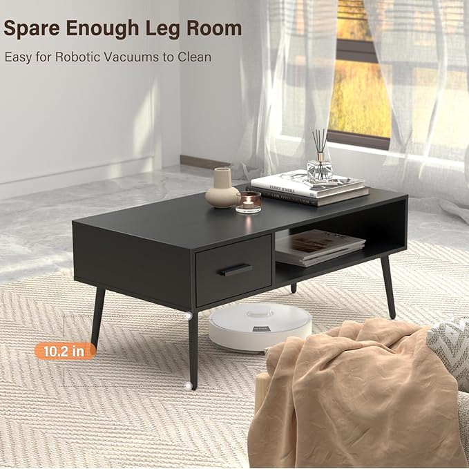 HAIOOU Coffee Table, Mid Century Modern Style Cocktail Table TV Stand with Drawer, Open Storage Shelf, Stable Floor-Anti-Scratching Pine Leg for Home, Office, Living Room - Black-Ruum Studio Home