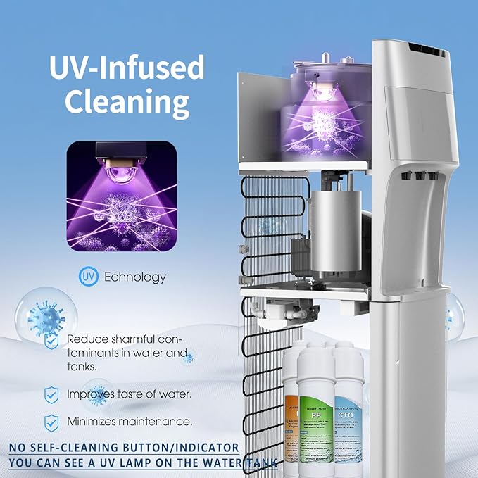Self Cleaning Bottleless Water Cooler Dispenser with 4 Stage Water Filter 3 Temperature Settings Silver-Ruum Studio Home