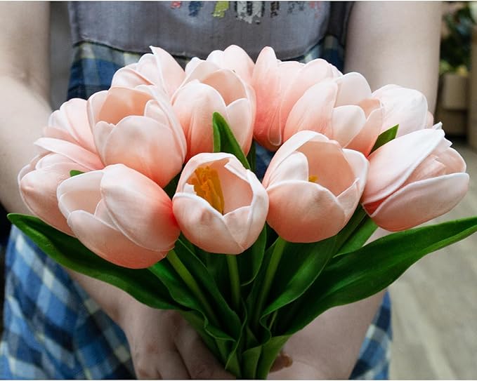 Buart Artificial Tulip in Bulk for Home Kitchen Wedding Bridal Bouquet,Fake Flowers for Valentine's Day Mother's Day Easter Table Centerpieces Decorations(Peach,Real-Touch,12pcs)-Ruum Studio Home