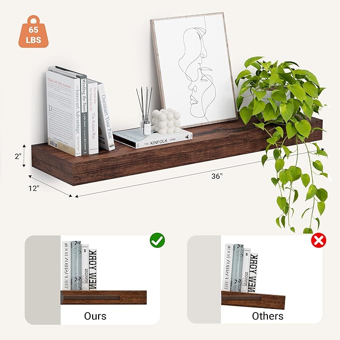 Heimlove 12" Deep Floating Shelves, 36 x 12 Inch Wall Mounted Long Floating Shelf with Invisible Brackets, for Home Decor, Bedroom, Kitchen, Living Room, Bathroom - 1 Pack, Rustic Brown-Ruum Studio Home