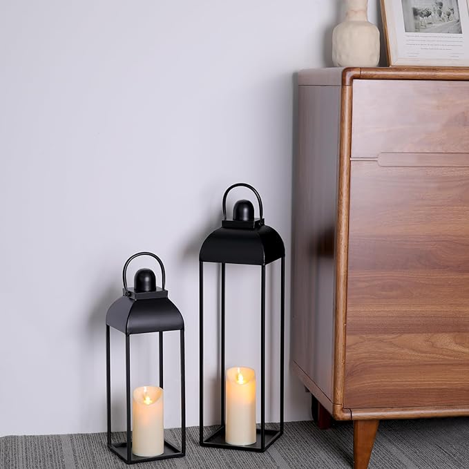 25'' 19'' Lanterns Decorative Outdoor Indoor, Black Metal Outdoor Candle Lanterns, Set of 2 Modern Farmhouse Decorative Lantern for Fireplace, Patio, Porch, Floor, Halloween Lantern (No Glass)-Ruum Studio Home
