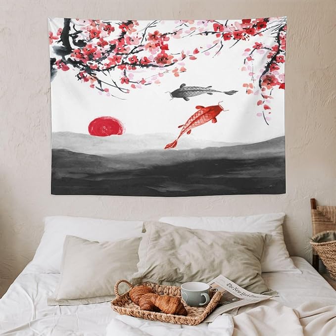 Japanese Koi Fish Tapestries, Cherry Blossoms Asian Oriental Flower Branch Koi Fish Carp Tapestry Wall Hanging for Bedroom Living Room Office Decor 40"x30"-Ruum Studio Home