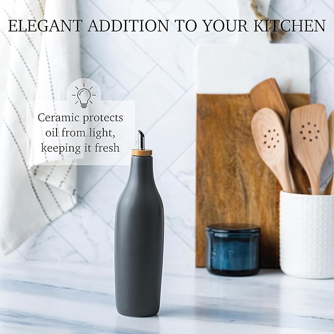 kitchentoolz Olive Oil Stoneware Dispenser Bottle, Ceramic 16 Oz Container for EVOO or Vinegar Kitchen Counter, Pewter Gray-Ruum Studio Home
