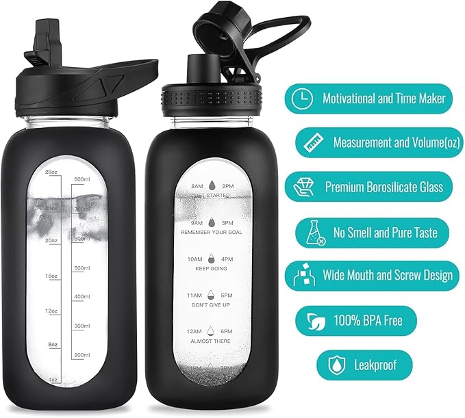 32 oz Glass Water Bottle with Straw and Handle, Sports Motivational Water Flask with Silicone Sleeve, Large Leakproof Water Flask Cup with Time Marker for Travel, Gym, Beige-Ruum Studio Home