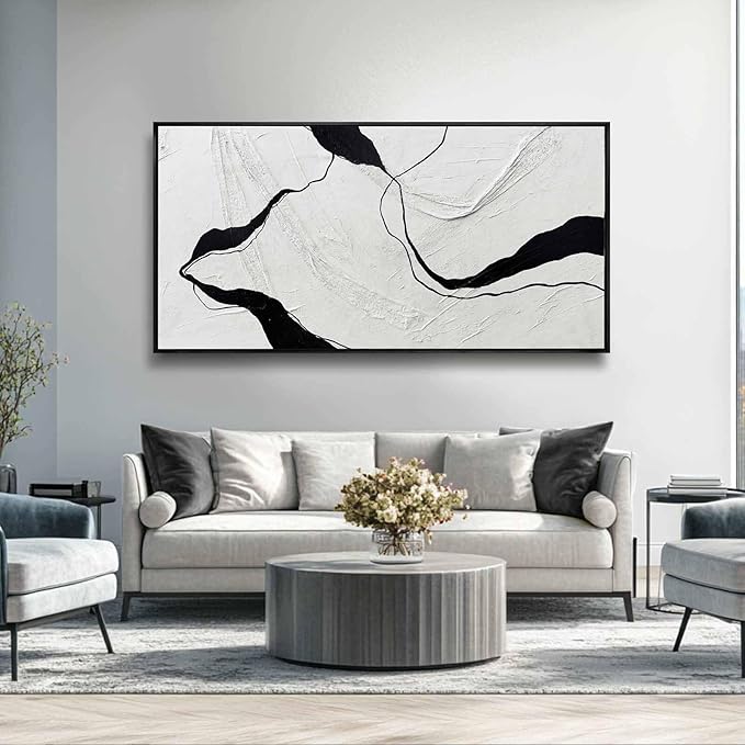 Framed Minimalist Wall Art 24"x48" Black and White Abstract Print Poster Line Canvas Modern Artwork for Living Room Bedroom Office Decor-Ruum Studio Home