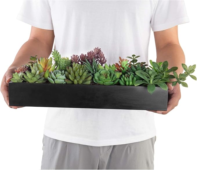 MyGift Artificial Succulent Centerpiece,15.75 Inch Faux Succulents Arrangement Plants in Sleek Black Wooden Rectangular Planter Box-Ruum Studio Home