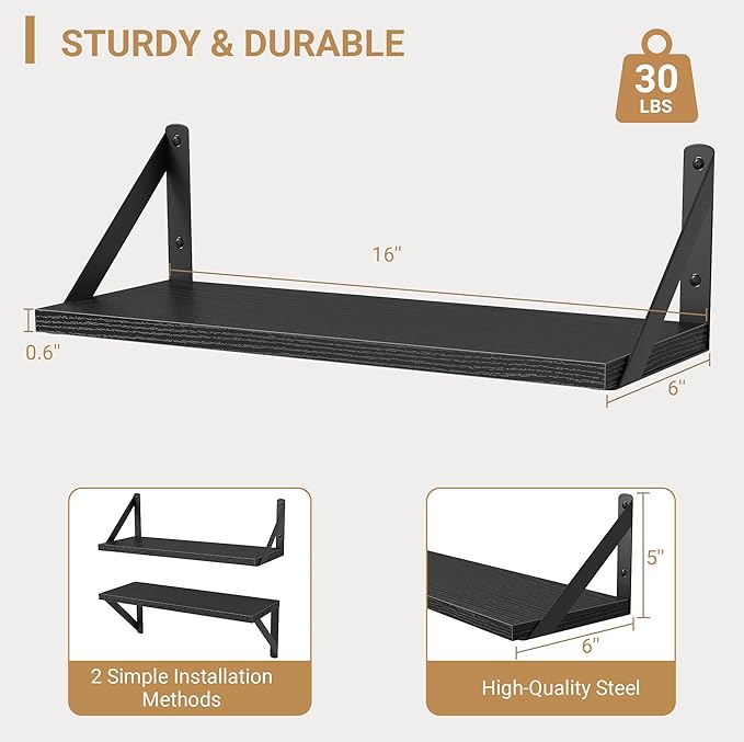 Heimlove Floating Shelves for Wall, 16 Inch Long Wood Floating Shelves Set of 3, Wall Mounted Hanging Shelf for Bathroom Bedroom Kitchen, Black-Ruum Studio Home