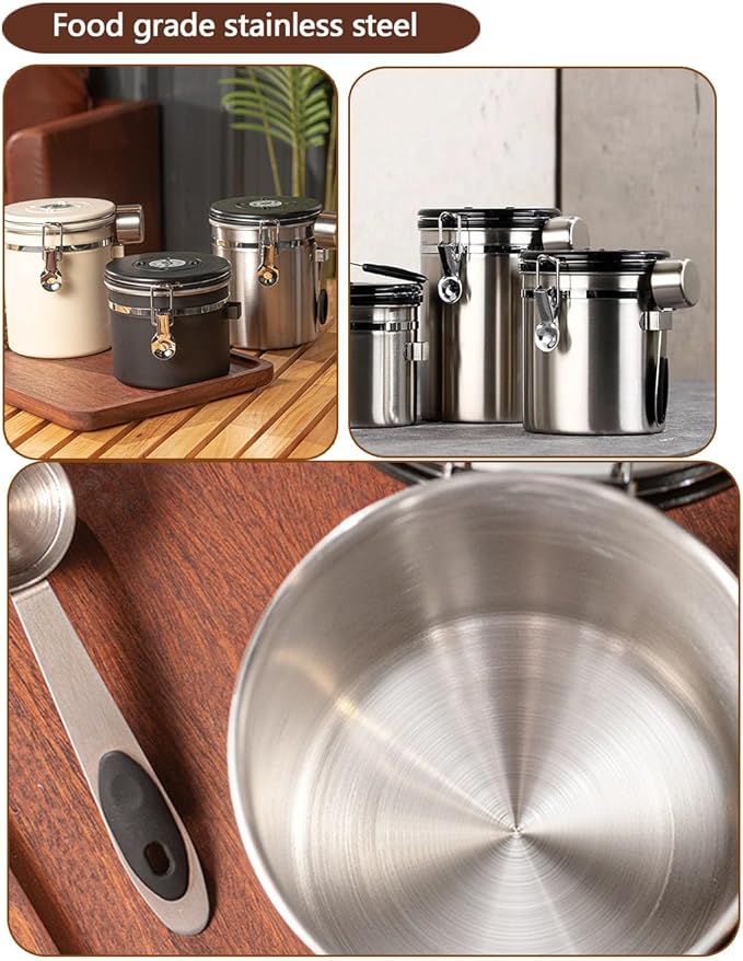 Coffee Canister Airtight Storage Container 1.8L Stainless Steel Air Tight Coffee Jar with Scoop, Date Tracker CO2 Release Valve for Dry Food, Beans, Ground, Tea, Flour, Cereal and Sugar (Silver)-Ruum Studio Home