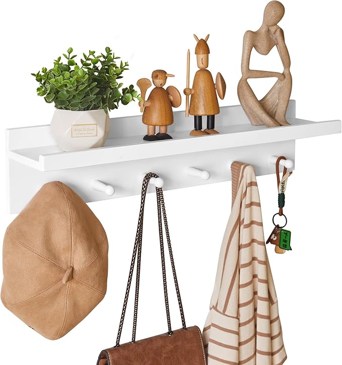 Wood Coat Hook with Wall-Mounted Shelf,23.62in Entryway Wall Hanging Shelf,for Bathroom, Kitchen,Coat Towel Key Organizer White YD-WS0260W-Ruum Studio Home