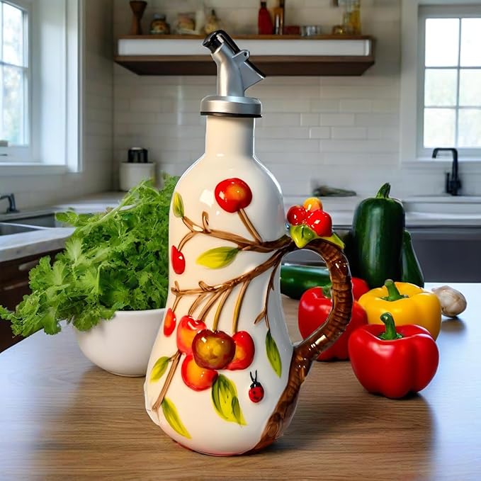 18 Oz Hand Painted Relief Ceramic Olive Oil Bottle Dispenser for Kitchen, Oil and Vinegar Bottle, Seasoning Bottle with Stainless Steel Nozzle, 540mL Oil Container with Handle for Cooking, Light Proof-Ruum Studio Home