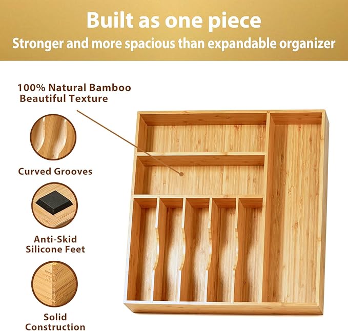 Umilife Large Kitchen Drawer Organizer, 19"x19" Silverware Utensils Organizer, 2.5" High for Large Deep Drawers, Bamboo Flatware Holder with Thick Frames, Sturdy Kitchen Organization Tray-Ruum Studio Home