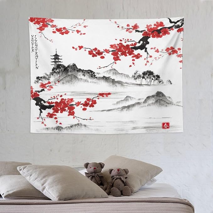 Cherry Blossoms Tapestry, Japanese Fuji Mountain Wall Tapestry, Nature Landscape Wall Art for Bedroom & Living Room Decor, 40"x30"-Ruum Studio Home