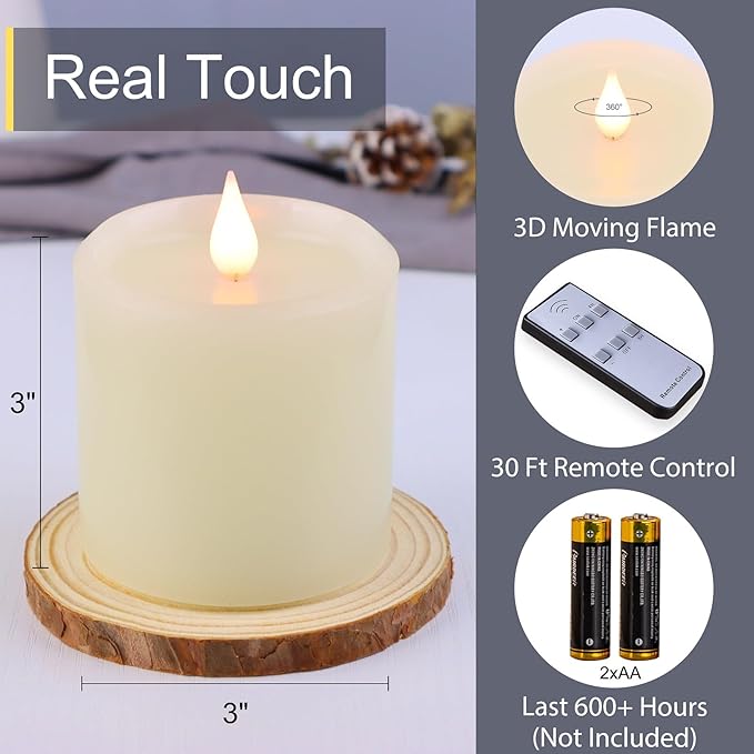 Flameless Candles Battery Operated with Remote Timer, 3D Moving Flame Flickering, Last 600+ Hours Battery Candles, Set of 3 Ivory Real Wax Electric LED Candle, 3" x 3"-Ruum Studio Home