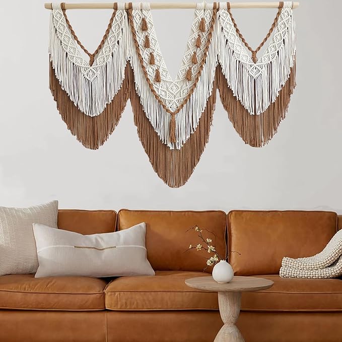 large macrame wall hanging - Boho Tapestry Macrame Wall Decor Art- Chic Bohemian Handmade Woven Tapestry Home Decoration for Bedroom Living Room Apartment Wedding Party - 43"x32" (Beige-Brown)-Ruum Studio Home